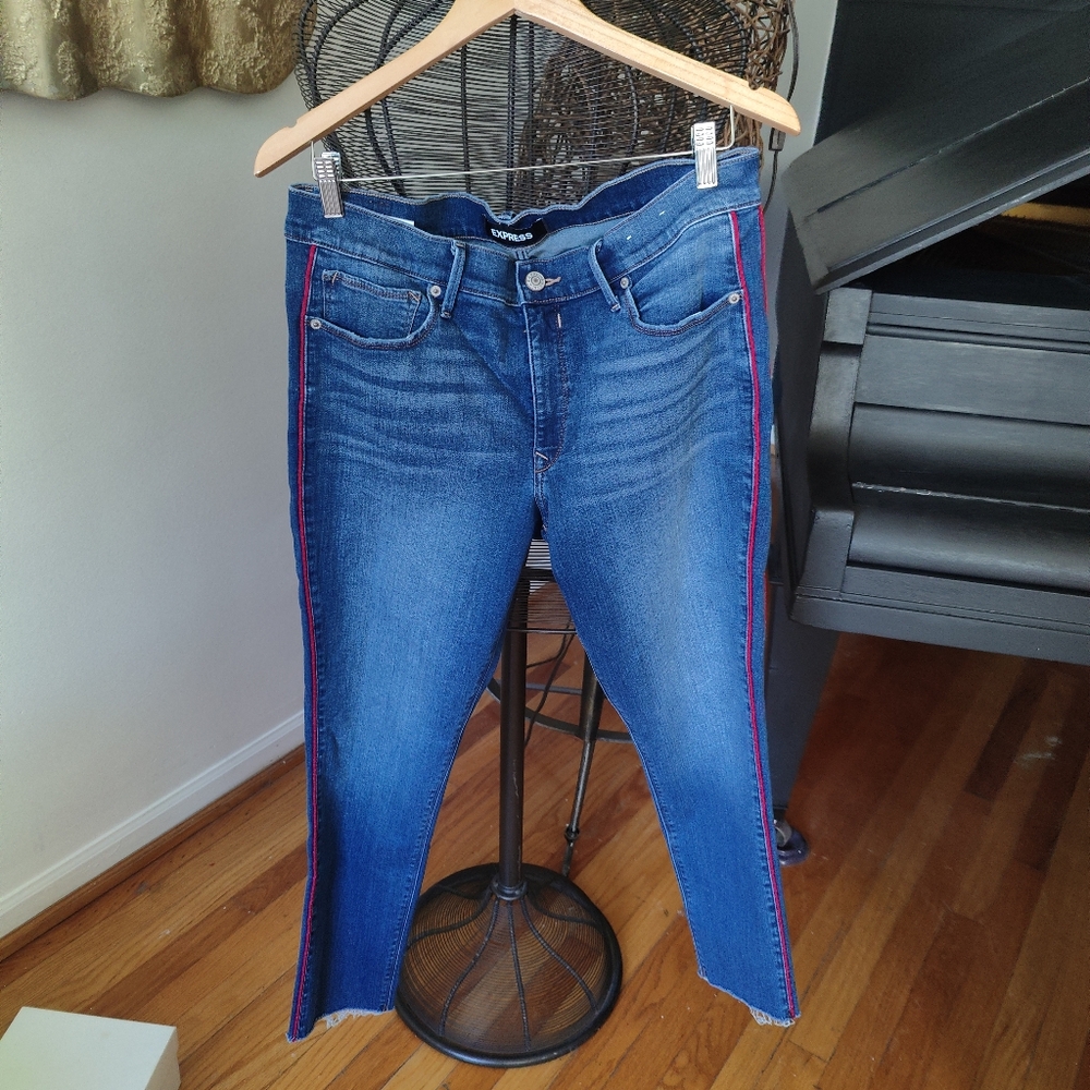 Express mid rise ankle legging jeans with double red stripe size 14R